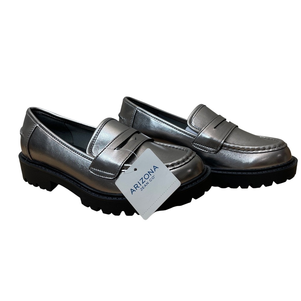 Arizona Jean Co Lillie Metallic Pewter Lug Sole Penny Loafers 6M, New